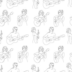 Silhouette of a beautiful woman playing the guitar in continuous modern single line style. Guitarist. Decor sketches, posters, stickers, logo. Set of vector illustrations, seamless pattern.