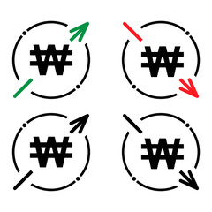 Set of cost symbol won increase and decrease icon. Money vector symbol isolated on background