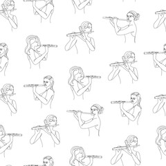 Silhouette of a beautiful woman playing the flute in continuous modern single line style. Flutist. Decor sketches, posters, stickers, logo. Set of vector illustrations, seamless pattern.