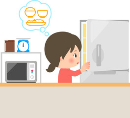 冷蔵庫の中を見て献立を考える女性