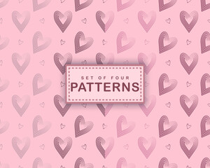 pink valentine background, set of four pattern set purple, purple heart background seamless pattern background 