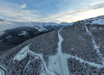 Alps Cold Mountain Snow Tourism Sport Eco Travel Mountains Landscape Drone Aerial Flight Over French Alps Mountain Range Early Morning Inspiring Nature 4k hyper lapse. 