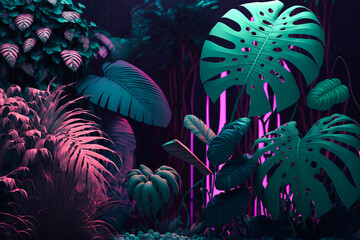 Obraz na płótnie Canvas Illustration of a dense jungle with leaves and flowers in pastel colors illuminated by neon light, generative ai