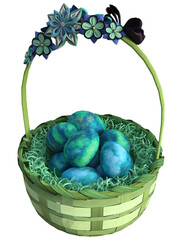 3d Illustration of a decorated Easter basket filled with blue and green patterned marbled eggs