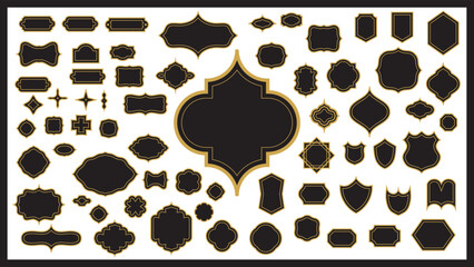 様々な形の黒とゴールドのシンプルタイトルラベル枠フレーム。ベクターイラスト素材セット