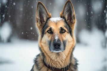 Dog portrait outside in the snow, german shepherd (ai generated)