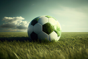 Fototapeta premium Soccer ball on grass field at rural scene and sky background. Sport and game concept. Generative AI