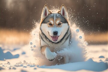 Siberian Husky playing in the snow (Ai  generated)
