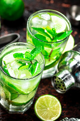 Mojito with a sprig of mint and ice. 