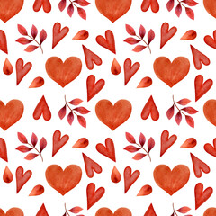 Seamless pattern with watercolor red hearts. Valentine's Day, wedding, holiday.	