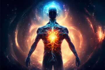 Astral body silhouette with abstract space background. Esoteric, spiritual life and meditation concept. Afterlife and connection with other worlds. Created with Generative AI