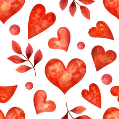 Seamless pattern with watercolor red hearts. Valentine's Day, wedding, holiday.	