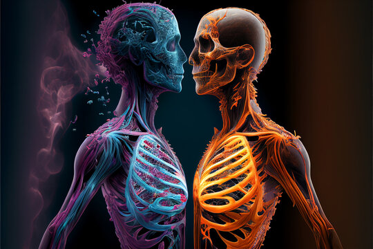 Man and woman silhouettes at abstract cosmic background. Human skeletons couple in love. Astral body, esoteric and spiritual life concept. Created with generative AI