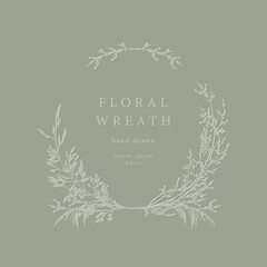 Elegant frame, floral wreath, сircle monogram with hand drawn wild herbs and flowers. Vector vintage botanical illustration for invitation or wedding decor, logo, labels, branding, business identity