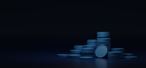 Blue coin stacks money currency with shadow reflection floor and dark background 3D rendering illustration