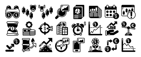 stock market and trading Icon set. vector illustration for web, computer and mobile app. solid style icon