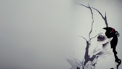 Branch of feminine beauty/ Surrealistic illustration (ukiyo-e art)/ sketch, drawing, wallpaper, desktop, cover, painting, background