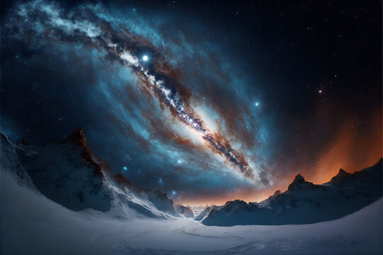 An illustration of the cosmic Milky Roads against the backdrop of a snowy mountain massif, a luminous mysterious universe.