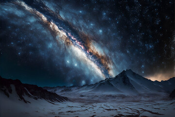 Fototapeta na wymiar An illustration of the cosmic Milky Way and stars against the backdrop of a snowy mountain massif, the luminous mysterious universe.