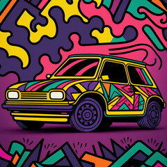 Colourful Funky car in graffiti pop art style