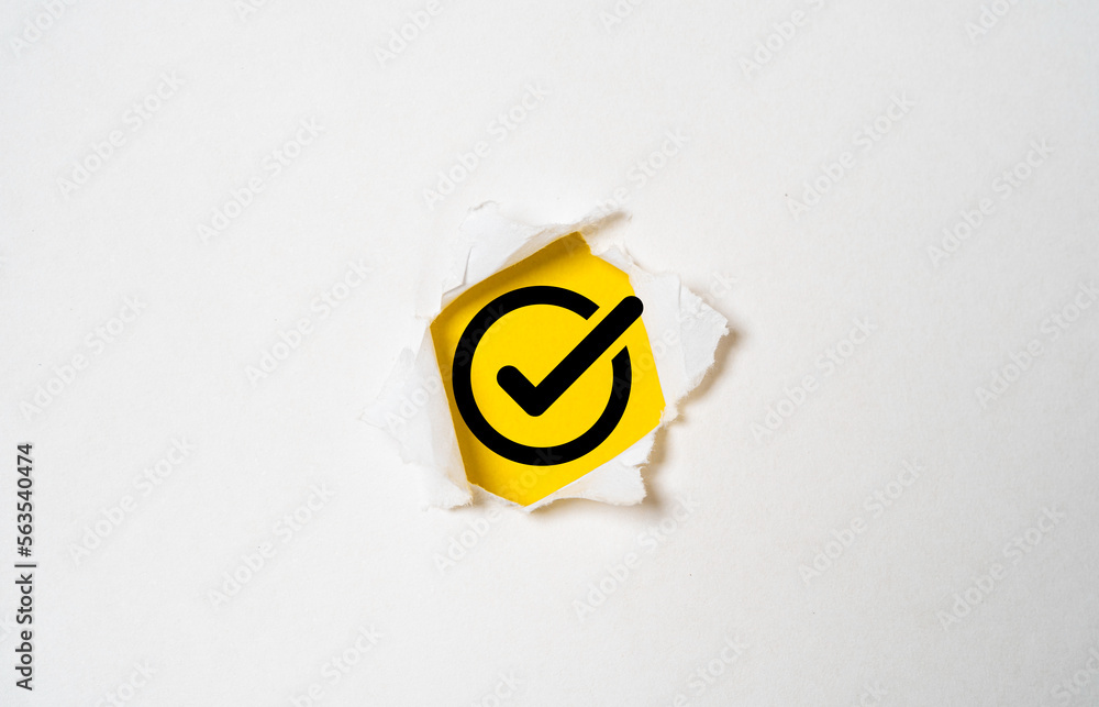 Poster correct sign symbol inside of white paper punched for document and project check approve concept, qu
