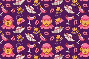 Women's day. Faces, cakes, drinks, lipsticks, high heels, gifts and flowers seamless pattern icons
