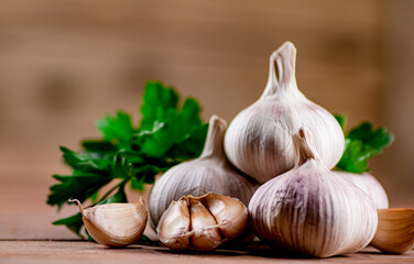 Cloves of fresh garlic with parsley. 