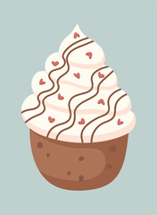 Isolated vector illustration of cupcake with chocolate, sprinkles and cream frosting. For decorating Christmas, birthday, Valentine's Day gift wrap, icons, stickers.