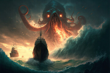 fantasy scene showing Cthulhu the giant sea monster destroying ships, Generative AI	 - obrazy, fototapety, plakaty