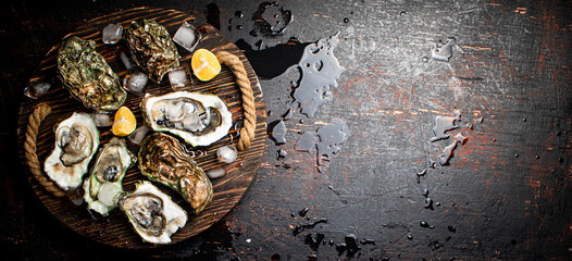 Oysters with ice cubes on a wooden tray. 