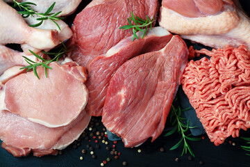 Various types of fresh meat: pork, beef, turkey and chicken