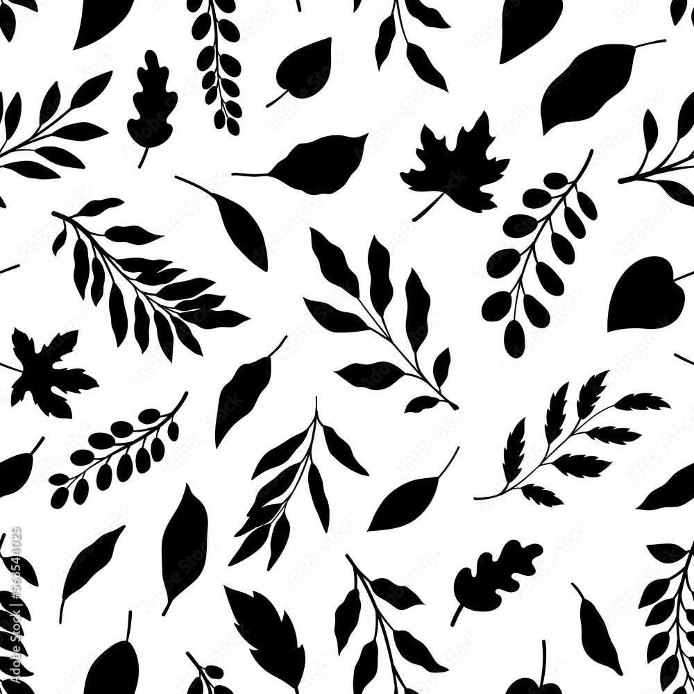 Wall mural Leaves branch and Hand Drawn doodle Scribble floral plants seamless pattern. Creative minimalist Abstract art background. Design wall decoration, postcard, poster or brochure