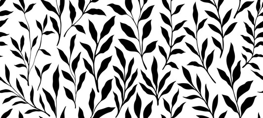 Leaves branch and Hand Drawn doodle Scribble floral plants seamless pattern. Creative minimalist Abstract art background. Design wall decoration, postcard, poster or brochure