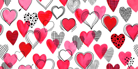 Beautiful Seamless pattern with red watercolor hearts with doodle sketch heart. design for holiday greeting card and invitation of the wedding, Valentine's day and Happy love day