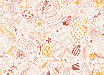 Vector seamless pattern from Easter eggs and flowers. Easter eggs. Traditional Easter ornament. Happy easter. Hand-drawn. Vector illustration.