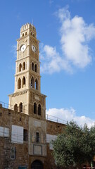 Fototapeta na wymiar The Ottomans Clock Tower in the old city of Akko in Israel in the month of December