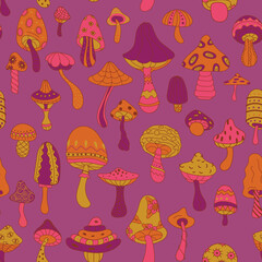Very bright seamless pattern of colored large mushrooms. Bright mushrooms. A lot of mushrooms. Fabric, wallpaper. Vector illustration.