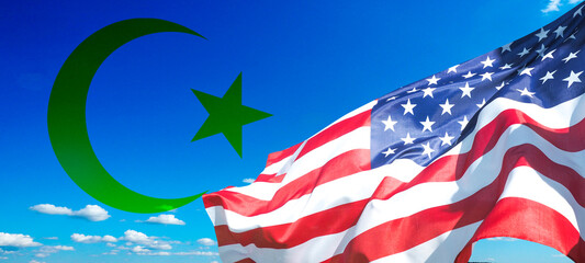 USA flag and symbol of Islam on sky background. National Religious Freedom Day