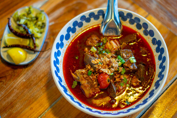 Rice noodles with spicy pork sauce. Local food of Thai in the north of Thailand
