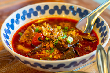 Rice noodles with spicy pork sauce. Local food of Thai in the north of Thailand