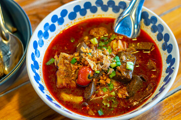 Rice noodles with spicy pork sauce. Local food of Thai in the north of Thailand