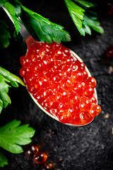 A spoonful of red caviar with parsley.
