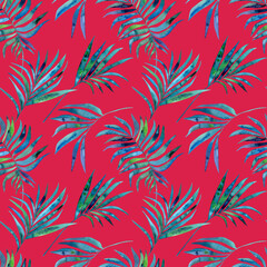 Watercolour blue green tropical palm leaves illustration seamless pattern. On Viva Magenta background. Hand-painted. Floral elements, jungle leaves.