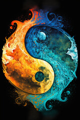 Yin and Yang concept art, fire and water