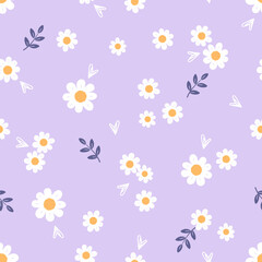 Seamless pattern with daisy flower, branches and hand drawn hearts on purple background vector illustration.