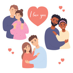 Collection happy couples in love. Cute fair-skinned and dark ethnicity peoples gently hug. Vector illustration in flat cartoon style. Isolated loving pairs for design, postcards, valentines.