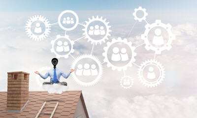 Concept of security and privacy protection with camera headed man meditating