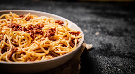 Ready made spaghetti bolognese on the table. 