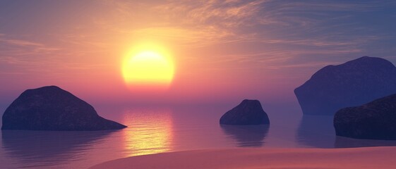 Stones in the water at sunset, sunset among the rocks on the sea, 3d rendering