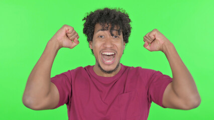 Fototapeta premium Successful African Man Celebrating on Green Background